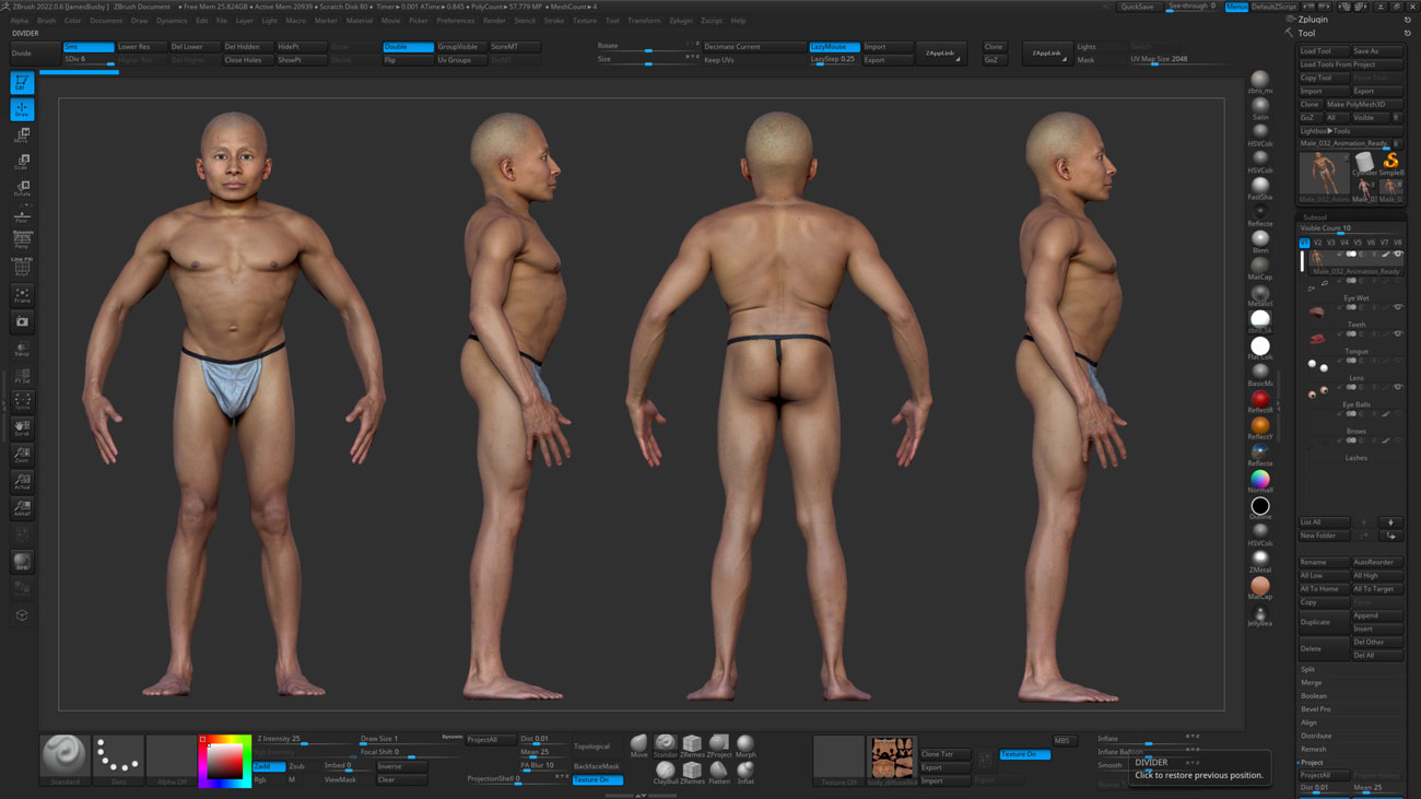 ZBrush ZTool render of a male 3D body scan at high subdivision level showing sculpt-ready mesh detail